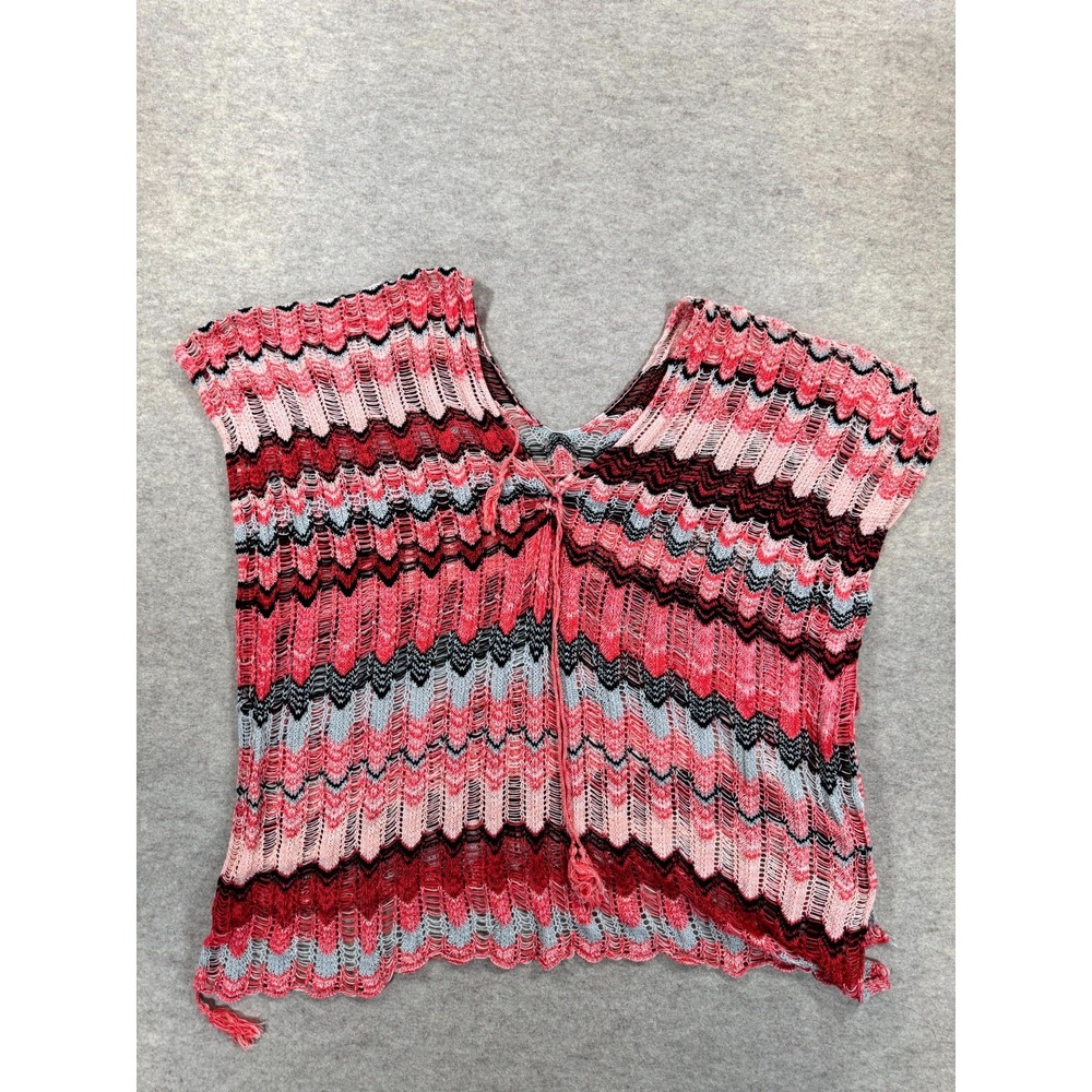 Womens Boho Swim Cover Up Top One Size Multicolor Striped V Neck Tie Front